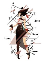 Rule 34 | 1girl, appi523, black hair, blunt bangs, expressionless, full body, geometry, highres, looking at viewer, math, nail polish, original, pantyhose, profile, red eyes, red nails, short hair, simple background, solo, standing, white background