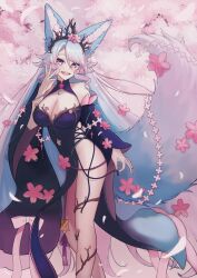 Rule 34 | 1girl, absurdres, akaneiro (akane color35), animal ear fluff, animal ears, black kimono, black sleeves, blue eyes, blue hair, breasts, cherry blossoms, cleavage, cleavage cutout, clothing cutout, detached sleeves, flower, hair flower, hair ornament, highres, hip vent, japanese clothes, kimono, large breasts, long hair, multicolored hair, multicolored tail, navel cutout, open mouth, pink flower, pink hair, pink tail, silvervale, silvervale (sakura goddess), smile, solo, streaked hair, swept bangs, tail, tail flower, tail ornament, virtual youtuber, vshojo, wolf ears, wolf girl, wolf tail