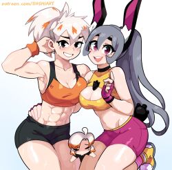 Rule 34 | 3girls, abs, absurdres, animal ears, arm behind head, armpits, black eyes, blush, borrowed character, breasts, chibi, cleavage, cleavage cutout, clothing cutout, dashi (dashiart), fingerless gloves, gloves, grey hair, hand on another&#039;s hip, highres, kneeling, large breasts, liz (dashi), long hair, looking at viewer, multicolored hair, multiple girls, muscular, muscular female, nina (dashi), orange hair, original, pink eyes, rabbit ears, rabbit tail, shoes, shorts, smile, sneakers, sweatband, tail, tank (bongfill), tank top, toned, white hair