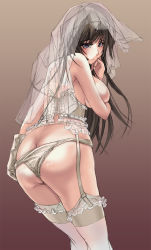 Rule 34 | 1girl, ass, bad id, bad pixiv id, breast hold, breasts, bridal veil, brown hair, butt crack, garter belt, gloves, large breasts, looking back, panties, purple eyes, sayuhime tatsumi, single glove, solo, thighhighs, underwear, veil, white panties, white thighhighs