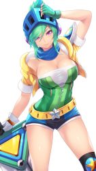 Rule 34 | 1girl, alternate costume, arcade riven, arm up, bare shoulders, belt, black shorts, black thighhighs, blue scarf, blue shorts, breasts, cait aron, cleavage, fingerless gloves, gloves, green hair, helmet, highres, jacket, large breasts, league of legends, looking at viewer, medium breasts, photoshop (medium), purple eyes, riven (league of legends), scarf, short hair, short shorts, shorts, simple background, single thighhigh, smile, solo, star (symbol), sword, thighhighs, weapon, white background, white gloves, yellow belt, yellow jacket