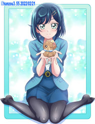 Rule 34 | 1girl, 2022, black pantyhose, blue hair, blue jacket, blue skirt, blush, collarbone, dated, delicious party precure, dog, framed, full body, fuwa kokone, green eyes, hair ornament, hairclip, hanzou, highres, jacket, looking at viewer, miniskirt, open clothes, open jacket, pam-pam (precure), pantyhose, precure, shiny clothes, shiny legwear, shirt, short hair, sitting, skirt, sleeves rolled up, smile, solo, thighs, twitter username, wariza, white shirt