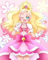 Rule 34 | 1girl, ;d, aqua eyes, blonde hair, blush, bow, choker, cure flora, earrings, gloves, go! princess precure, haruno haruka, highres, jewelry, long hair, magical girl, multicolored hair, one eye closed, open mouth, pink bow, pink hair, pink skirt, precure, puffy short sleeves, puffy sleeves, short sleeves, skirt, smile, solo, streaked hair, takayama zeruda, two-tone hair, waist bow, white gloves