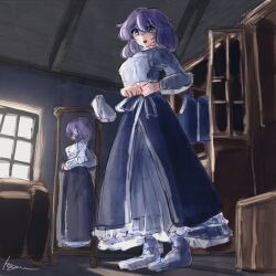Rule 34 | 1girl, cabinet, day, dressing, highres, indoors, koyane (silver81106), letty whiterock, mirror, one-hour drawing challenge, reflection, solo, sunlight, touhou, window, window shadow, wooden ceiling, wooden floor