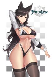Rule 34 | 1girl, absurdres, alternate costume, animal ear fluff, animal ears, arm behind head, arm up, atago (azur lane), atago (stunning speedster) (azur lane), azur lane, bikini, black bikini, black hair, black thighhighs, blush, breasts, brown eyes, checkered background, cleavage, cowboy shot, dated, extra ears, gluteal fold, groin, hair ribbon, highleg, highleg bikini, highres, karmiel, large breasts, logo, long hair, long sleeves, looking at viewer, mole, mole under eye, navel, race queen, ribbon, shrug (clothing), sidelocks, skindentation, sleeves rolled up, solo, standing, stomach, swept bangs, swimsuit, thighhighs, thighs, very long hair, white background, white ribbon, wing collar, wrist cuffs