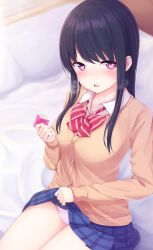 Rule 34 | 1girl, bad id, bad pixiv id, bed, black hair, blush, bow, bowtie, breasts, cardigan, condom, condom wrapper, heart, heart-shaped pupils, hicha nomu, highres, lifted by self, long hair, original, panties, purple eyes, pussy juice, school uniform, simple background, solo, symbol-shaped pupils, underwear