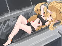 Rule 34 | 1girl, absurdres, anklet, bag, barefoot, black shorts, black sports bra, blonde hair, breasts, cleavage, commission, dolphin shorts, full body, girls&#039; frontline, highres, in container, jewelry, large breasts, legs, long hair, looking at viewer, lying, m2hb (girls&#039; frontline), midriff, nabiyan, navel, on back, plastic bag, red eyes, shorts, smile, solo, sports bra, underboob, very long hair