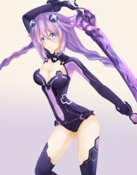 Rule 34 | 10s, 1girl, :d, blue eyes, blush, bodysuit, braid, breasts, cleavage, cleavage cutout, clothing cutout, female focus, gloves, hair between eyes, hair ornament, highres, hinakurukuru, holding, holding sword, holding weapon, leotard, long hair, looking at viewer, neptune (neptunia), neptune (series), open mouth, purple hair, purple heart (neptunia), revealing clothes, smile, solo, standing, sword, symbol-shaped pupils, twin braids, weapon
