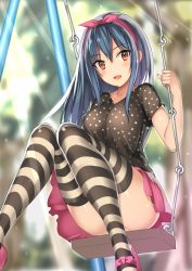 Rule 34 | 1girl, :d, alternate costume, black shirt, blue hair, blurry, blurry background, blush, bow, breasts, collarbone, commentary request, day, depth of field, hair between eyes, hair ribbon, hand up, hinanawi tenshi, holding, kureha (ironika), long hair, looking at viewer, mary janes, medium breasts, open mouth, outdoors, panties, pink bow, pink footwear, pink ribbon, pink skirt, polka dot, polka dot shirt, red eyes, ribbon, shirt, shoes, short sleeves, sitting, skirt, smile, solo, striped clothes, striped thighhighs, sunlight, swing, thighhighs, touhou, underwear, white panties
