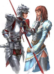 Rule 34 | 2girls, alternate costume, alternate hairstyle, armor, boots, breastplate, brown eyes, brown hair, dress, dual persona, full armor, gauntlets, gloves, hand on another&#039;s chin, helmet, hildegard von krone, image sample, lance, lips, masway, mole, multiple girls, pauldrons, polearm, short sword, shoulder armor, side slit, soul calibur, soulcalibur, soulcalibur iv, sword, thigh boots, thighhighs, weapon, wolf