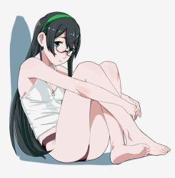 Rule 34 | 10s, 1girl, bad id, bad pixiv id, barefoot, black hair, blue eyes, camisole, feet, fetal position, full body, glasses, hairband, kantai collection, hugging own legs, legs folded, long hair, ojipon, ooyodo (kancolle), parted lips, semi-rimless eyewear, sitting, solo
