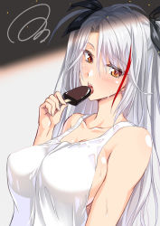 Rule 34 | 1girl, ahoge, alternate costume, azur lane, black ribbon, blush, breasts, casual, chocolate, cleavage, collarbone, commentary, eating, expressionless, eyebrows hidden by hair, eyelashes, food, gekato, grey background, grey hair, hair between eyes, hair ribbon, highres, holding, holding food, ice cream, large breasts, licking, long hair, looking at viewer, multicolored hair, open mouth, paid reward available, parted bangs, prinz eugen (azur lane), red eyes, red hair, ribbon, shade, sideboob, simple background, sleeveless, solo, squiggle, streaked hair, sweat, tank top, tongue, tongue out, two-tone hair, two side up, upper body, white tank top