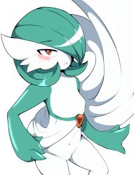 Rule 34 | 1girl, artist request, blush, breasts, creatures (company), female focus, game freak, gardevoir, gen 3 pokemon, green hair, hair over one eye, half-closed eyes, hand on own hip, highres, legs apart, looking at viewer, looking up, navel, nintendo, no nipples, no pussy, pokemon, pokemon (creature), pokemon rse, red eyes, short hair, simple background, small breasts, solo, standing, white background