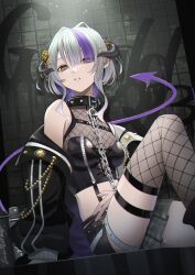 Rule 34 | 1girl, absurdres, bare shoulders, black collar, black horns, black jacket, black shirt, black shorts, breasts, chain, chained, cleavage, collar, colored inner hair, commentary request, cropped shirt, ear piercing, fishnet thighhighs, fishnets, grey hair, highres, horns, jacket, long hair, long sleeves, looking at viewer, midriff, multicolored hair, off shoulder, original, parted lips, piercing, purple hair, purple tail, see-through, see-through cleavage, shirt, shorts, sitting, small breasts, solo, spiked collar, spikes, streaked hair, tamakawa miho, thigh strap, thighhighs, yellow eyes