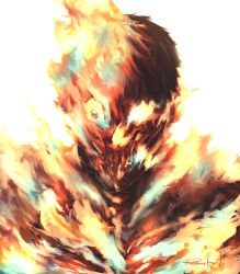 Rule 34 | 1boy, absurdres, agni (fire punch), black hair, burning, fire, fire punch, flaming eye, highres, looking at viewer, orange theme, rakutoooon, short hair, simple background, solo, white background