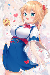 Rule 34 | 1girl, :d, absurdres, akai haato, akai haato (1st costume), blonde hair, blue eyes, blue skirt, blush, breasts, collared shirt, commentary request, confetti, dress shirt, gyozanuko, haaton (akai haato), hair between eyes, hair ornament, hair ribbon, heart, heart hair ornament, high-waist skirt, highres, hololive, large breasts, long hair, looking at viewer, one side up, open mouth, red ribbon, ribbon, shirt, skirt, skirt hold, smile, standing, very long hair, virtual youtuber, white shirt