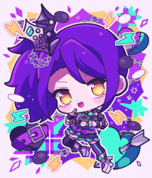 Rule 34 | 1girl, :d, arrow through heart, boots, chibi, commentary request, crop top, fingerless gloves, full body, gloves, hands up, highres, idol clothes, kohinata kanoo, lightning bolt symbol, long hair, looking at viewer, midriff, open mouth, pretty series, pripara, purple hair, purple skirt, purple thighhighs, side ponytail, skirt, smile, solo, standing, thighhighs, toudou shion, yellow eyes