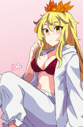 Rule 34 | 1girl, bikini, bikini top only, blonde hair, blush, breasts, cleavage, closed mouth, commentary request, dot mouth, dot nose, expressionless, feet out of frame, highres, hood, hood down, hoodie, jack (wkm74959), jacket, long hair, looking at viewer, midriff, open clothes, open hoodie, open jacket, pants, pink background, red bikini, sidelocks, simple background, sitting, solo, swimsuit, tareme, toramaru shou, touhou, underwear, white hoodie, white jacket, white pants, yellow eyes