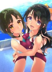Rule 34 | 2girls, ass grab, asymmetrical docking, black hair, blue eyes, bow, braid, breast press, breasts, cowboy shot, fang, from side, green hair, hair between eyes, hair rings, half updo, highres, kantai collection, koruri, long hair, looking at viewer, medium breasts, multicolored hair, multiple girls, naganami (kancolle), one-piece swimsuit, open mouth, parted bangs, pink hair, pool, purple one-piece swimsuit, short hair, short hair with long locks, small breasts, smile, sparkle, standing, swimsuit, takanami (kancolle), thighs, wavy hair, wet, wet hair, yellow bow, yellow eyes