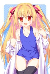 Rule 34 | 1girl, :d, bare shoulders, black thighhighs, blonde hair, blue background, blue one-piece swimsuit, blush, collarbone, commentary request, cowboy shot, gluteal fold, hair ribbon, head tilt, highres, irotoridori no sekai, lab coat, long hair, looking at viewer, nikaidou shinku, off shoulder, one-piece swimsuit, open mouth, orange eyes, polka dot, polka dot background, red ribbon, ribbon, school swimsuit, smile, solo, swimsuit, swimsuit under clothes, taira takehiro, teeth, thighhighs, two-tone background, two side up, upper teeth only, very long hair, white background