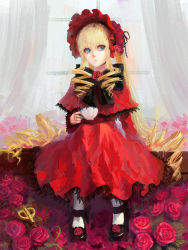 Rule 34 | 1girl, blonde hair, blue eyes, bonnet, cup, curtains, doll joints, dress, drill hair, flower, highres, joints, long hair, mary janes, pantyhose, rose, rozen maiden, shinku, shoes, sitting, solo, teacup, traditional media, tuzki, twintails, very long hair, white pantyhose, window