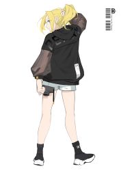 Rule 34 | 1girl, adjusting hair, barcode, bare legs, black footwear, black jacket, black socks, blonde hair, blue eyes, camera, character name, closed mouth, commentary request, d4dj, eyes visible through hair, fataaa, from behind, full body, grey shorts, hand up, highres, holding, holding camera, hood, hooded jacket, jacket, long hair, long sleeves, looking back, ponytail, profile, sasago jennifer yuka, see-through, see-through sleeves, shoes, short shorts, shorts, simple background, smile, sneakers, socks, solo, standing, white background