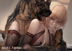 Rule 34 | 1girl, all fours, ass, azur lane, bare shoulders, bestiality, bismarck (azur lane), blonde hair, blue eyes, breasts, cleavage, clenched teeth, commission, dog, doggystyle, double penetration, elbow gloves, gloves, group sex, highres, large breasts, long hair, motion lines, open mouth, polki, rolling eyes, sex, sex from behind, teeth, thighhighs, watermark, web address