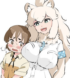 Rule 34 | 1boy, 1girl, age difference, animal ear fluff, animal ears, arms at sides, between breasts, blush, breast pocket, breasts, breasts on shoulders, brown eyes, brown hair, buttons, captain (kemono friends), cheek-to-breast, cheek press, child, covered erect nipples, embarrassed, fur collar, furrowed brow, green eyes, hair between eyes, head tilt, height difference, impossible clothes, impossible shirt, kemono friends, kemono friends 3, large breasts, lion ears, long hair, looking at another, looking at breasts, necktie, necktie between breasts, nose blush, onee-shota, open mouth, plaid necktie, plaid sleeves, plaid trim, pocket, shirt, short sleeves, side-by-side, simple background, unaligned breasts, upper body, wagom, wavy mouth, white background, white hair, white lion (kemono friends), white shirt