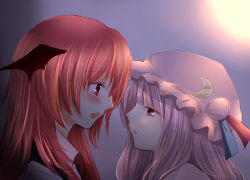 Rule 34 | 2girls, bat wings, blush, couple, embodiment of scarlet devil, eye contact, female focus, gradient background, imminent kiss, koakuma, looking at another, multiple girls, patchouli knowledge, purple hair, red eyes, red hair, sui (camellia), touhou, wings, yuri