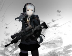 Rule 34 | 1girl, assault rifle, backpack, bag, black gloves, black skirt, black thighhighs, blunt bangs, closed mouth, cowboy shot, cross, expressionless, finger on trigger, gloves, grey background, grey jacket, gun, headphones, highres, holding, holding gun, holding weapon, iron cross, jacket, jewelry, long hair, long sleeves, looking at viewer, necklace, rifle, scope, silver hair, single thighhigh, skirt, solo, standing, thighhighs, weapon, xiaoxiao