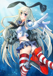Rule 34 | 10s, 1girl, :3, ass, black panties, blonde hair, blue eyes, crop top, crop top overhang, elbow gloves, gloves, hair ribbon, kantai collection, long hair, looking at viewer, looking back, machinery, microskirt, midriff, open mouth, panties, pantyshot, rensouhou-chan, ribbon, shimakaze (kancolle), skirt, solo, striped clothes, striped thighhighs, thighhighs, turret, underwear, upskirt, very long hair, yamagami mozuku