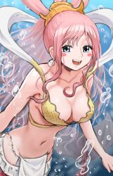 Rule 34 | 1girl, absurdres, bikini, blue eyes, blush stickers, breasts, cleavage, commentary request, earrings, fish hair ornament, hagoromo, hair ornament, half updo, highres, jewelry, landl, long hair, looking at viewer, mermaid, monster girl, one piece, pink hair, shawl, shell, shell earrings, shirahoshi, sidelocks, smile, solo, swimsuit, underwater, very long hair, yellow bikini