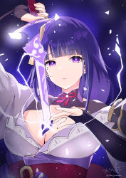 Rule 34 | 1girl, absurdres, arm up, blue flower, blunt bangs, breasts, bridal gauntlets, cleavage, commentary request, drawing sword, flower, genshin impact, hand up, highres, holding, holding sword, holding weapon, human scabbard, japanese clothes, kimono, large breasts, long hair, obi, ochinsama, off shoulder, parted lips, purple eyes, purple hair, purple kimono, raiden shogun, sash, signature, solo, sword, twitter username, upper body, weapon
