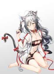 Rule 34 | 1girl, absurdres, ahoge, animal ears, arknights, barefoot, bell, black bra, black choker, black panties, blush, bow, bra, breasts, cat ears, cat hair ornament, cat lingerie, cat tail, chinese commentary, choker, cleavage, cleavage cutout, clothing cutout, commentary, cuffs, drop shadow, facial mark, gradient background, grey background, hair between eyes, hair intakes, hair ornament, handcuffs, highres, holding, jacket, jingle bell, large breasts, long sleeves, meme attire, miaodun nyasu, nail polish, navel, open clothes, open jacket, panties, pink nails, red bow, schwarz (arknights), see-through, silver hair, solo, stomach, strapless, strapless bra, tail, tail bow, tail ornament, thigh strap, thighs, toenail polish, toenails, underwear, whisker markings, white background, white jacket, yellow eyes