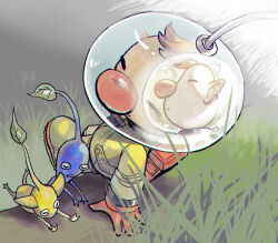 Rule 34 | 1boy, ^ ^, alien, asaikaina, backpack, bag, big nose, blonde hair, blue pikmin, blue skin, brown hair, closed eyes, closed mouth, colored skin, commentary request, gloves, grass, helmet, leaf, ledge, louie (pikmin), lying, nintendo, no mouth, olimar, on stomach, outdoors, parted lips, path, pikmin (creature), pikmin (series), pikmin 2, pointy ears, radio antenna, red bag, red gloves, reflection, road, short hair, sitting, smile, space helmet, spacesuit, triangle mouth, very short hair, whistle, yellow pikmin, yellow skin