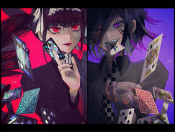 Rule 34 | 1boy, 1girl, alternate costume, black hair, black jacket, black nails, card, celestia ludenberg, checkered clothes, checkered neckwear, commentary request, danganronpa: trigger happy havoc, danganronpa (series), danganronpa v3: killing harmony, drill hair, earrings, gothic lolita, gradient hair, hair between eyes, holding, holding card, jacket, jewelry, joh pierrot, lips, lipstick, lolita fashion, long hair, long sleeves, makeup, mouth hold, multicolored hair, nail polish, necktie, oma kokichi, parted lips, playing card, purple background, purple eyes, purple hair, red background, red eyes, red neckwear, sidelocks, signature, simple background, twin drills, twintails, upper body