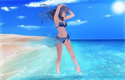 Rule 34 | 1girl, alternate costume, arm over head, armpits, arms up, barefoot, beach, bikini, blue bikini, blue eyes, blue hair, blue sky, breasts, cleavage, commentary, day, fire emblem, fire emblem awakening, fire emblem heroes, hair lift, highres, long hair, lucina (fire emblem), medium breasts, navel, nintendo, ocean, outdoors, sand, sarong, sky, solo, stomach, swimsuit, symbol-only commentary, tiara, toned, tusia, wading, water