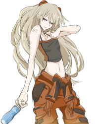 Rule 34 | 1girl, alternate hair color, bare shoulders, blonde hair, blue eyes, bottle, cleavage reach, crop top, flat chest, hair ornament, jumpsuit, long hair, midriff, navel, neon genesis evangelion, non-web source, plugsuit, shirt, silver hair, sketch, smile, solo, souryuu asuka langley, tank top, tattoo, tied shirt, undressing