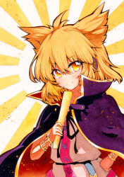 Rule 34 | 1girl, blonde hair, capelet, cloak, closed mouth, extra ears, hair between eyes, hand on own hip, hand up, headphones, looking at viewer, multicolored background, qqqrinkappp, short hair, smile, solo, touhou, toyosatomimi no miko, traditional media, yellow eyes