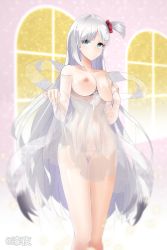 Rule 34 | 1girl, 7 n, azur lane, bad id, bad pixiv id, bare legs, bare shoulders, blue eyes, breasts, breasts out, chinese commentary, closed mouth, clothes lift, commentary request, cowboy shot, detached sleeves, dress, dress lift, earrings, expressionless, eyes visible through hair, gluteal fold, hair ornament, hair scrunchie, hand on own chest, highres, indoors, jewelry, large breasts, long hair, looking at viewer, nipples, no bra, no panties, one side up, pussy, red scrunchie, scrunchie, see-through, see-through dress, see-through sleeves, shoukaku (azur lane), shoukaku (the crane that dances with the wind) (azur lane), silver hair, skirt hold, solo, standing, thigh gap, uncensored, very long hair, window