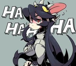 Rule 34 | 1girl, 770mk, cheek pinching, filia (skullgirls), frown, green background, half-closed eyes, laughing, necktie, open mouth, pinching, prehensile hair, red eyes, samson (skullgirls), school uniform, skullgirls, solo, tentacles, tongue, tongue out, upper body
