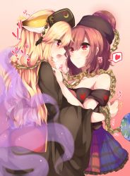 Rule 34 | 2girls, absurdres, animal ears, bad id, bad pixiv id, blonde hair, blush, chain, commentary request, earth (ornament), fox ears, heart, hecatia lapislazuli, highres, junko (touhou), kaenuco, kemonomimi mode, long hair, multicolored clothes, multicolored skirt, multiple girls, open mouth, red eyes, red hair, short hair, skirt, spoken heart, touhou, yuri