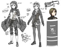 Rule 34 | 1girl, ballistic shield, brown hair, deus ex, deus ex: human revolution, dress, english text, eyewear on head, gloves, gun, hair ornament, hairclip, jacket, knee pads, looking at viewer, multiple views, ndtwofives, original, pantyhose, parted bangs, parted lips, scarf, shield, shoes, short dress, shorts, shotgun, simple background, sneakers, weapon, weapon request, white background, yellow eyes