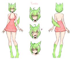 Rule 34 | 1girl, animal ears, animal hands, back, body fur, breasts, character sheet, cleavage, dress, expression chart, flower, from behind, full body, green fur, green hair, green nails, hair flower, hair ornament, matilda fiship, multiple views, nail polish, original, pink dress, second-party source, short hair, simple background, slit pupils, standing, tail, white background, white flower, yellow eyes