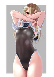 Rule 34 | 1girl, black one-piece swimsuit, blouse, border, breasts, brown eyes, brown hair, brown one-piece swimsuit, clothes lift, commentary request, competition school swimsuit, cowboy shot, grey background, katahira masashi, lifted by self, long hair, looking at viewer, one-piece swimsuit, original, school swimsuit, shirt, shirt lift, short sleeves, small breasts, solo, standing, swimsuit, two-tone background, undressing, white border, white shirt