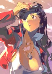 Rule 34 | 1girl, breasts, brown eyes, cleavage, commentary, covered erect nipples, cropped jacket, cross, cross necklace, english commentary, eyewear on head, highres, hot, jacket, jewelry, katsuragi misato, large breasts, long hair, looking to the side, necklace, neon genesis evangelion, no bra, optionaltypo, popped collar, red jacket, solo, steam, sweat, tank top, upper body