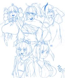 1boy, 5girls, absurdres, ahoge, amano pikamee, animal ears, artist self-insert, bandaid, bandaid on face, bra strap, breasts, cat ears, commentary, crop top, english commentary, english text, girl dm, glasses, hair behind ear, hair intakes, halter dress, halterneck, heart hair, highres, hololive, hololive english, indie virtual youtuber, jacket, kaniko (tsukumo sana), kson, large breasts, limiter (tsukumo sana), long hair, looking at viewer, looking up, medium breasts, midriff, monochrome, multiple girls, navel, off-shoulder shirt, off shoulder, open mouth, ouro kronii, ponytail, pout, sarashi, shirt, short hair, sketch, snowcie, souchou, tsukumo sana, twintails, usaslug (tsukumo sana), virtual youtuber, voms, white background
