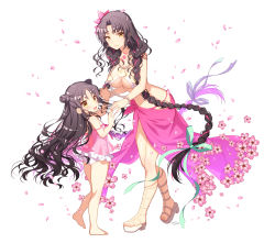 Rule 34 | 2girls, :d, bare shoulders, bikini, black hair, blue ribbon, bracelet, braid, breasts, cherry blossoms, chest tattoo, cleavage, collarbone, fate/grand order, fate (series), flower, forehead tattoo, hair flower, hair ornament, hair over shoulder, hair ribbon, highres, holding hands, jewelry, large breasts, long braid, long hair, multicolored hair, multiple girls, necklace, open mouth, pearl bracelet, pearl necklace, petals, pink hair, pink sarong, ribbon, sakura tsubame, sandals, sessyoin kiara, sessyoin kiara (lily), sessyoin kiara (swimsuit mooncancer), sessyoin kiara (swimsuit mooncancer) (first ascension), smile, streaked hair, swimsuit, tattoo, twin braids, underboob, very long hair, white bikini, yellow eyes