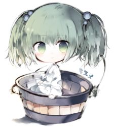 Rule 34 | 1girl, bucket, character name, commentary request, green eyes, green hair, hair bobbles, hair ornament, in bucket, in container, japanese clothes, kimono, kisume, kotatu (akaki01aoki00), short hair, smile, solo, touhou, twintails, white kimono