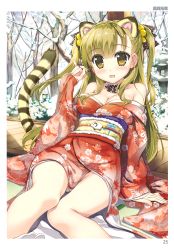 Rule 34 | 1girl, absurdres, animal ears, bare shoulders, beads, blonde hair, blush, breasts, brown eyes, choker, cleavage, floral print, fujima takuya, hair beads, hair ornament, twirling hair, highres, japanese clothes, kimono, leaning back, long hair, medium breasts, no panties, obi, off shoulder, outdoors, sash, scan, sitting, sleeves past wrists, smile, solo, tabi, tail, tiger ears, tiger tail, toranoana, two side up